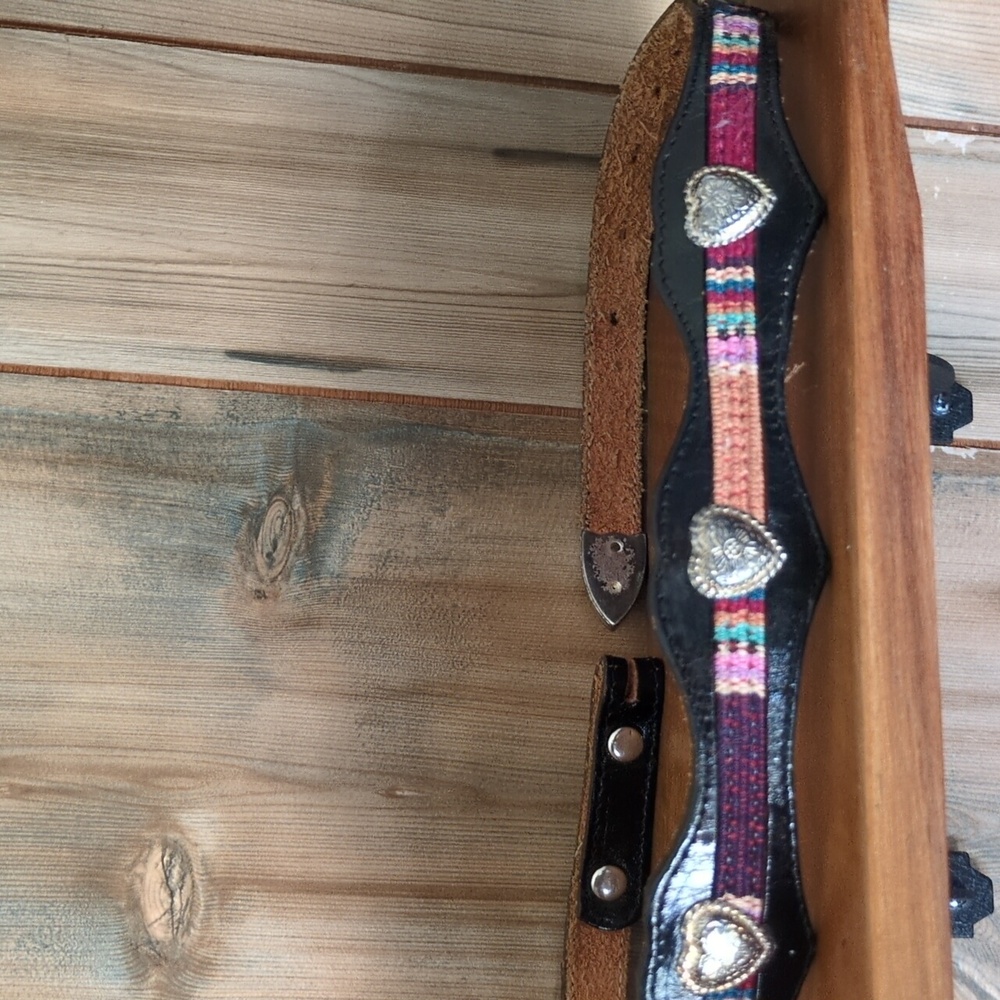 Vintage Black Leather and Multicolor Women's Belt with Heart Accents